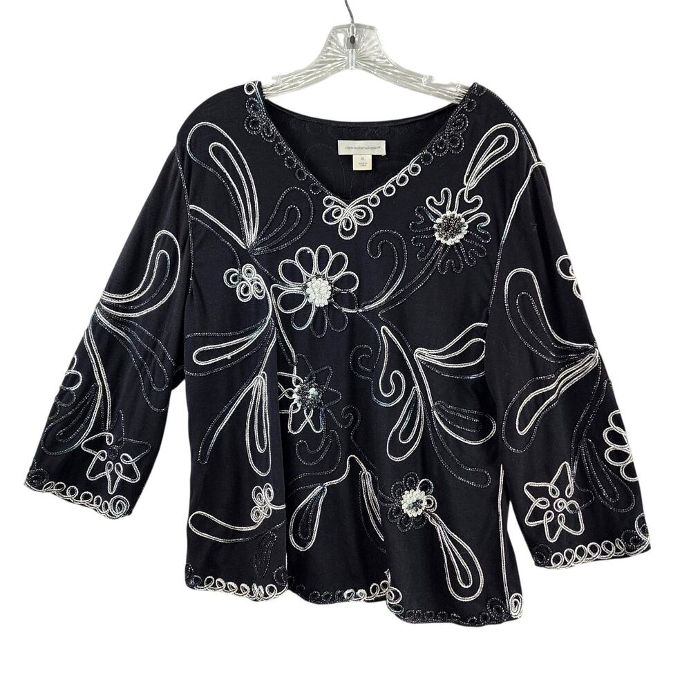 Christopher & Banks Black Embroidered Blouse Size XL 3/4 Sleeve Scalloped Hem
